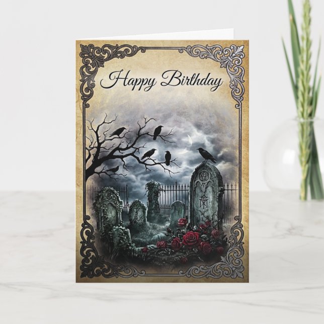 Elegant Gothic Midnight Raven Graveyard Gathering Card (Front)