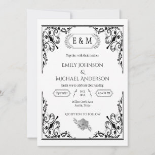Elegant Gothic Monogram Black and White Wedding Invitation