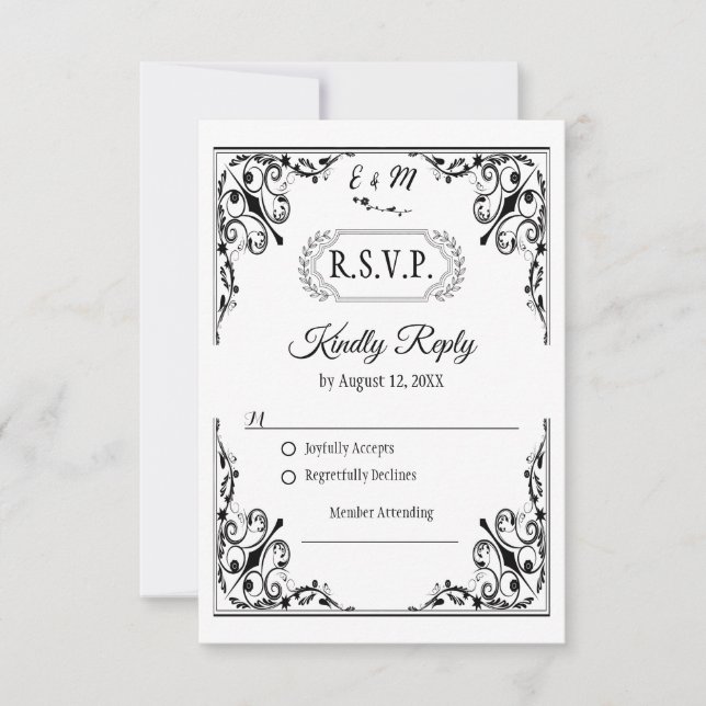 Elegant Gothic Monogram Wedding RSVP Card (Front)