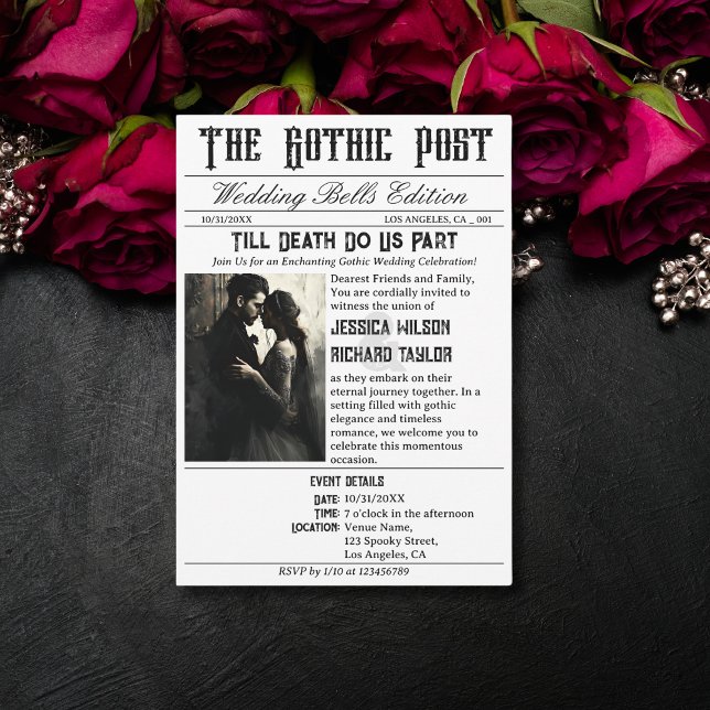 Elegant Gothic Newspaper Photo Black Wedding Invitation (Creator Uploaded)