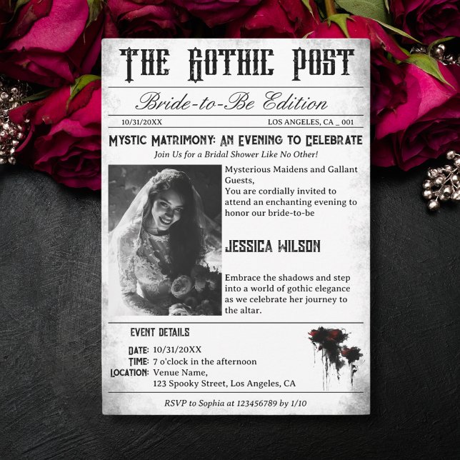 Elegant Gothic Newspaper Photo Bridal Shower Invitation (gothic newspaper black and white)