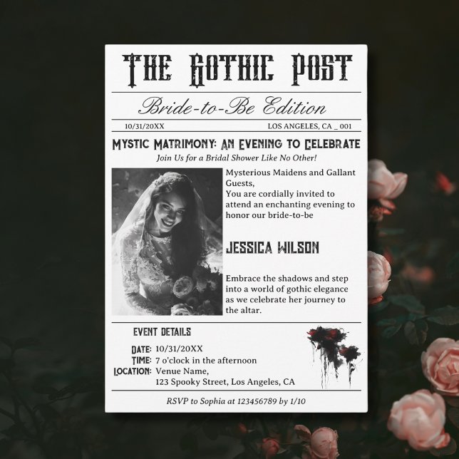 Elegant Gothic Newspaper Photo Bridal Shower Invitation (Creator Uploaded)