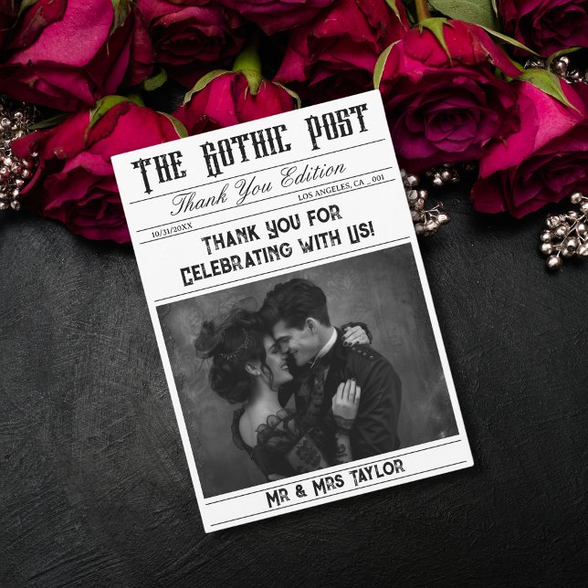 Elegant Gothic Newspaper Photo Thank You Invitation (gothic newspaper thank you card)