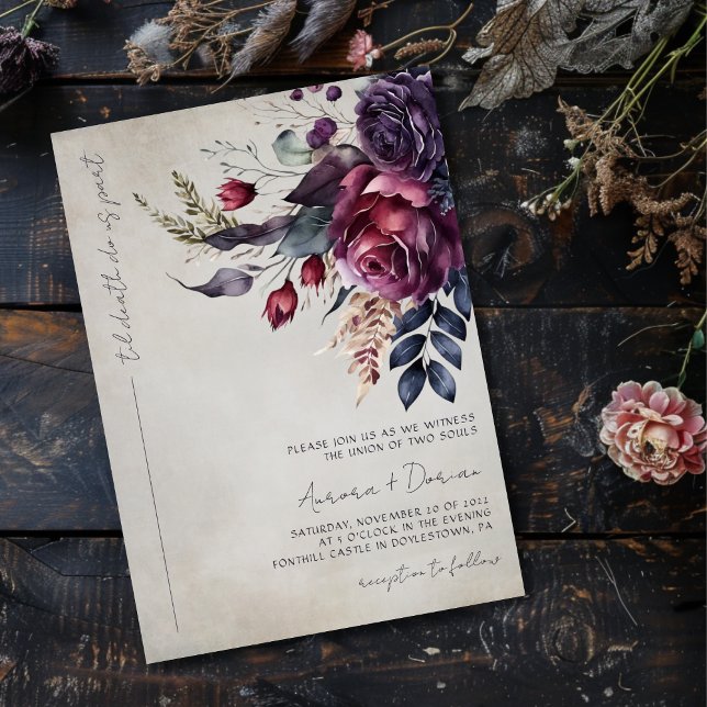 Elegant Gothic Purple Watercolor Floral Wedding  Invitation (Creator Uploaded)
