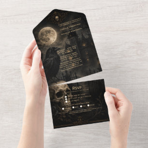 Elegant Gothic Raven Skull Wedding All In One Invitation