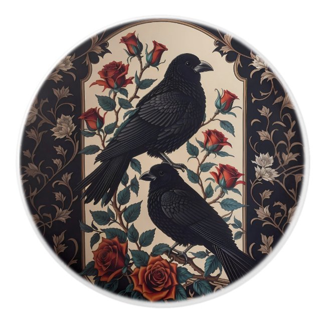 Elegant Gothic Ravens With Roses  Ceramic Knob (Front)