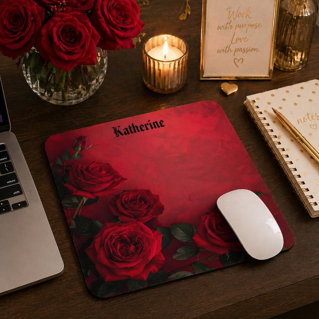 Elegant Gothic Red Roses Custom Name Mouse Mat (Creator Uploaded)