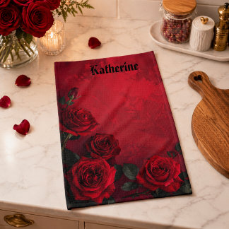 Elegant Gothic Red Roses Custom Name Tea Towel