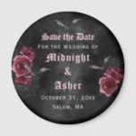 Elegant Gothic Rose Save the Date Magnet<br><div class="desc">Dark and moody Save the Date magnet with dark red roses,  bats and spider webs. Has a smoky black watercolor background. Blackletter typography adds to the gothic feel of the announcement. See our coordinating items as well.</div>