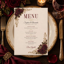 Elegant Gothic Roses Burgundy Wedding Menu Card