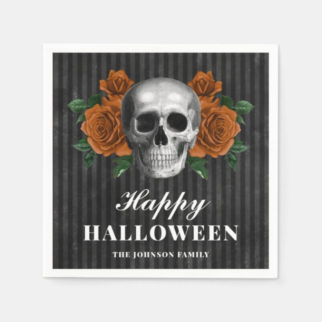 Elegant Gothic Roses & Skull Happy Halloween  Napkin (Front)