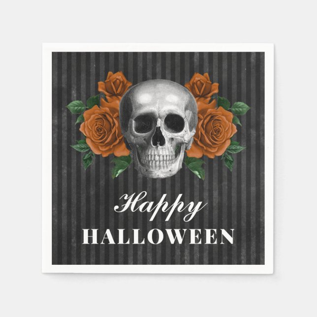 Elegant Gothic Roses & Skull Happy Halloween Napkin (Front)