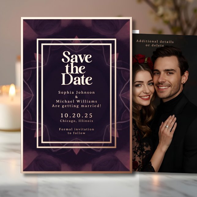 Elegant Gothic Save the Date Photo Deep Purple  Foil Holiday Card (Creator Uploaded)