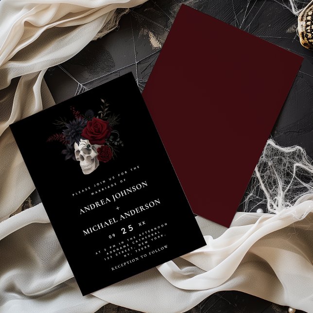 Elegant Gothic Skull Red Floral Wedding Invitation (Creator Uploaded)