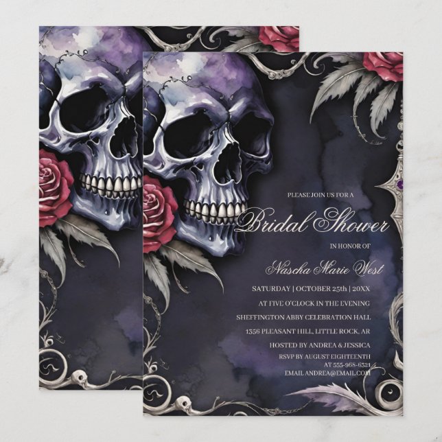 Elegant Gothic Skull & Red Roses Bridal Shower Invitation (Front/Back)