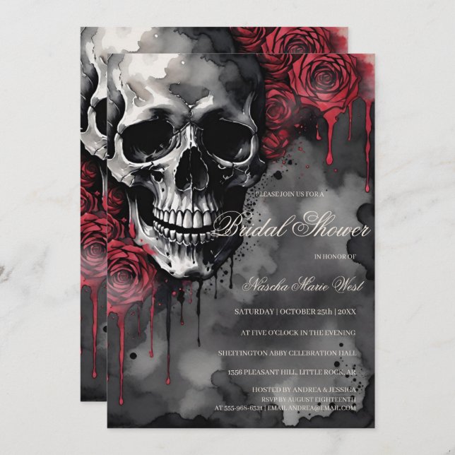 Elegant Gothic Skull & Roses Bridal Shower Invitation (Front/Back)
