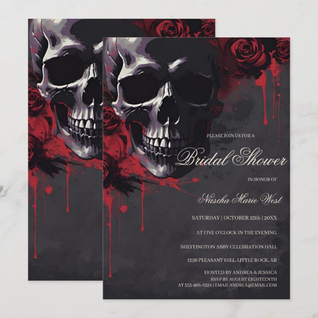 Elegant Gothic Skull & Roses Bridal Shower Invitation (Front/Back)