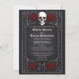 Elegant Gothic Skull & Roses Wedding Invitation