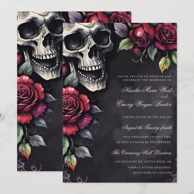 Elegant Gothic Skull & Roses Wedding Invitation (Front/Back)