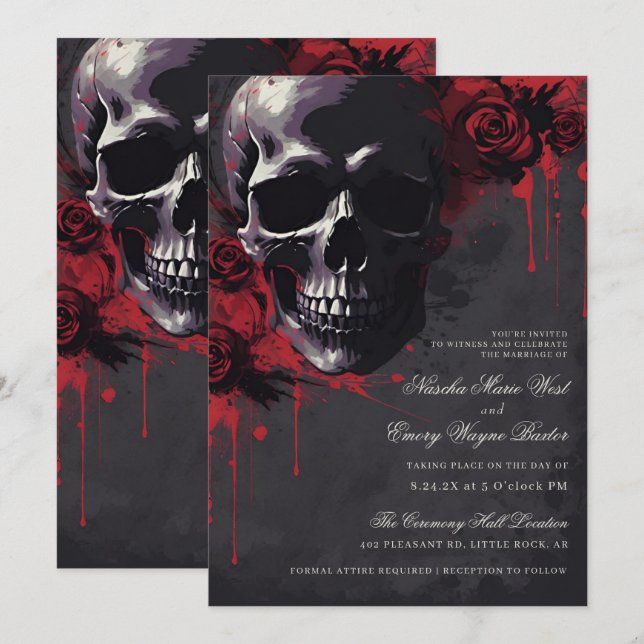 Elegant Gothic Skull & Roses Wedding Invitation (Front/Back)