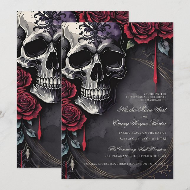 Elegant Gothic Skull & Roses Wedding Invitation (Front/Back)
