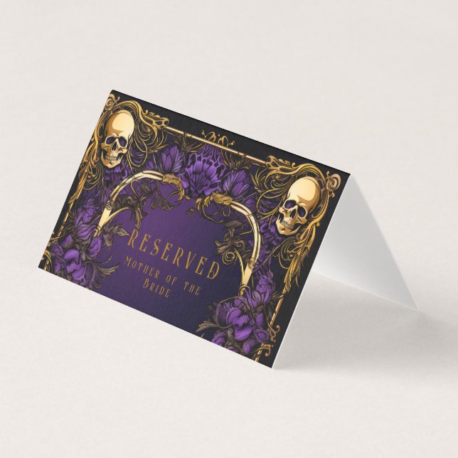 Elegant Gothic Skull & Roses Wedding Place Card (Front)