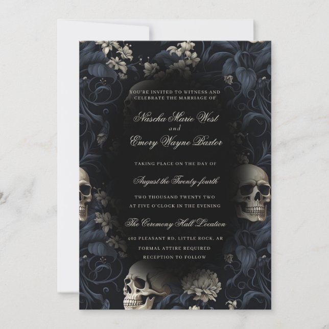 Elegant Gothic Skulls & Flowers Wedding Invitation (Front)