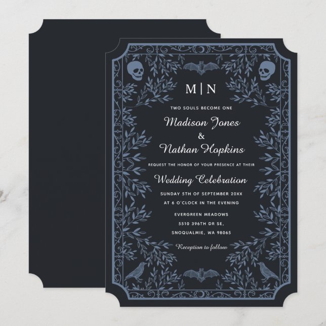 Elegant Gothic Skulls Ravens Wedding Invitation (Front/Back)