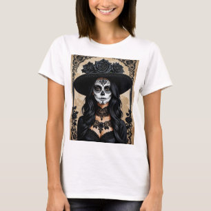 Elegant Gothic Sugar Skull Floral Art T-Shirt