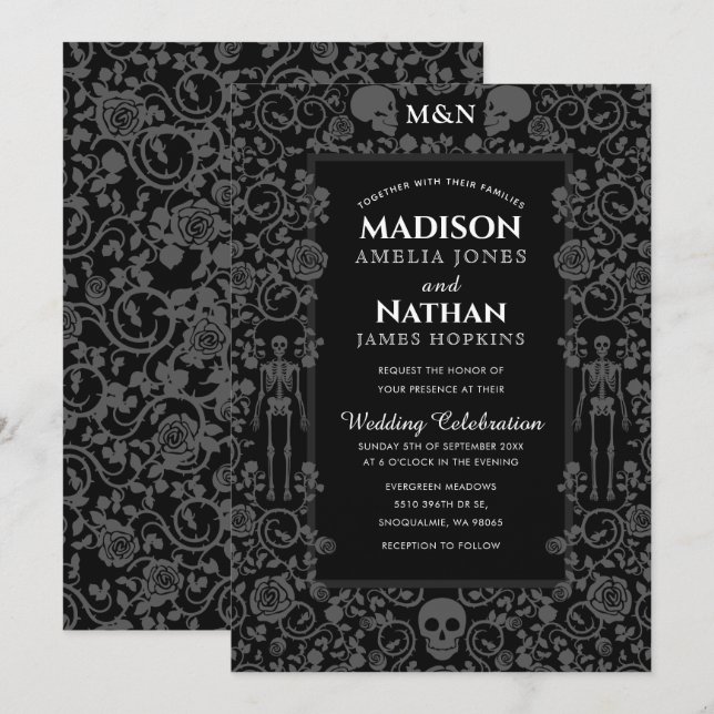 Elegant Gothic Victorian Grey & Black Wedding Invitation (Front/Back)