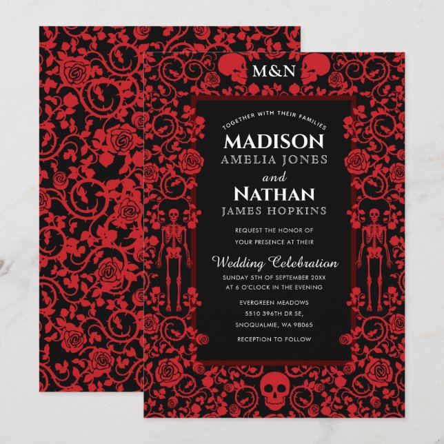 Elegant Gothic Victorian Red & Black Wedding Invitation (Front/Back)