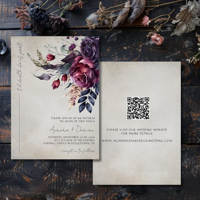 Elegant Gothic Watercolor Floral QR Code Wedding  Invitation (Creator Uploaded)