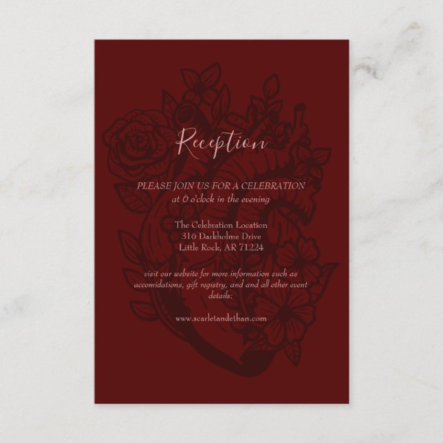Elegant Gothic Wedding Blood Red Floral Reception Enclosure Card (Front)