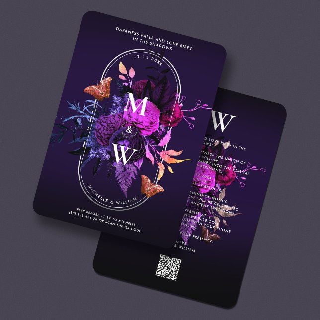 Elegant Gothic Wedding Boho Dark Purple Botanical  Invitation (Elegant Gothic Wedding Boho Dark Purple Botanical Invitation
)