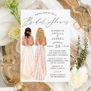Elegant Gown Bridal Shower Two Girls Invitation