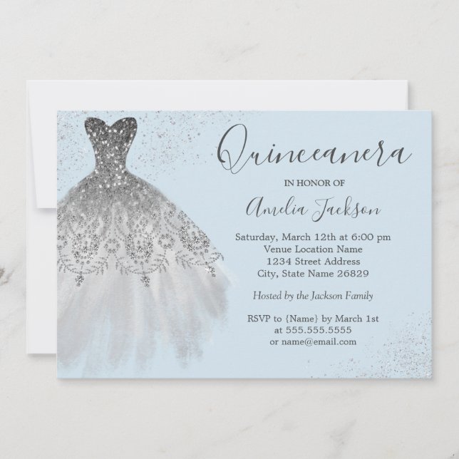 Elegant Gown Dusty Blue Quinceanera Invitation (Front)