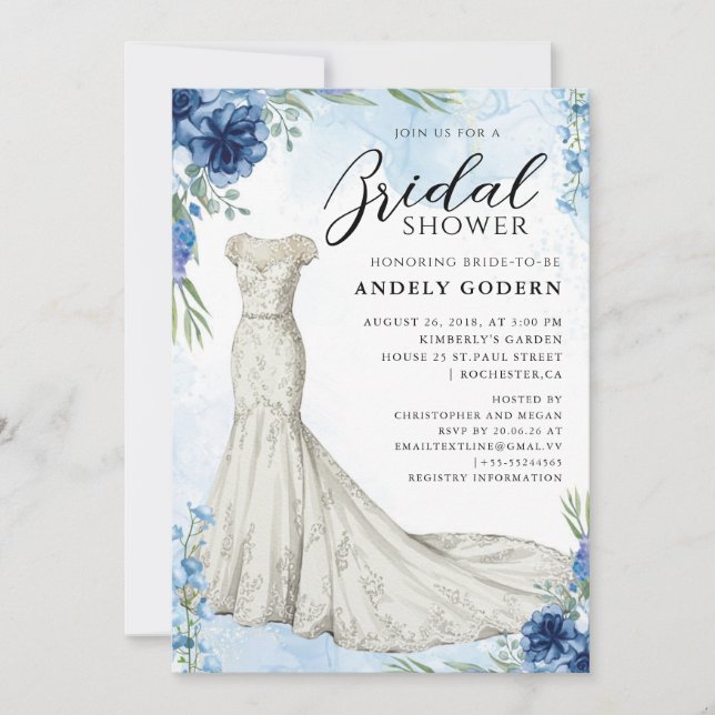 Elegant Gown Illustration with  Bridal Shower Invitation (Front)