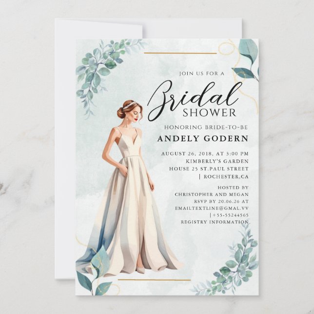 Elegant Gown Illustration with  Bridal Shower Invitation (Front)