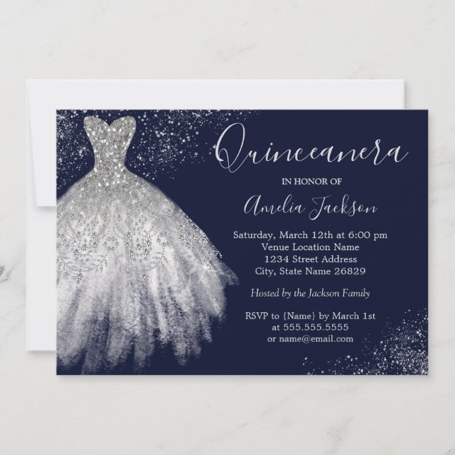 Elegant Gown Navy Quinceanera Invitation (Front)