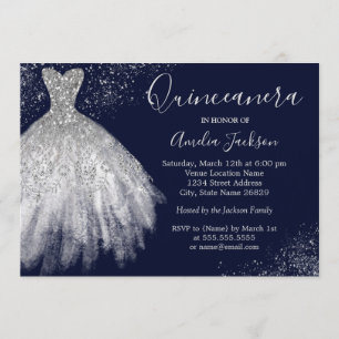 Elegant Gown Navy Quinceanera Invitation