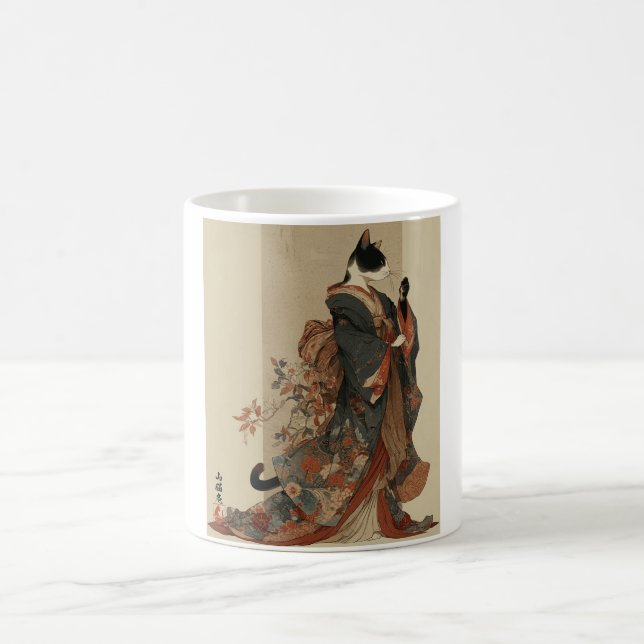 "Elegant Grace" Japanese Cat in Kimono Art Coffee Mug (Center)