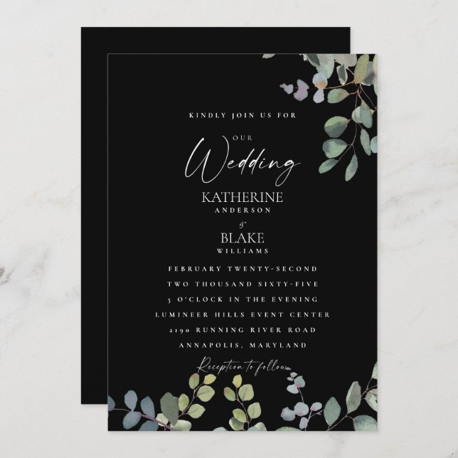 Elegant Grace Wedding All Black Eucalyptus Invitation (Front/Back)