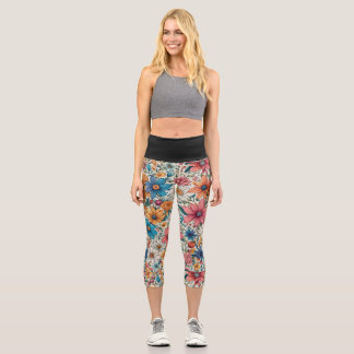 Elegant graceful Red blue yellow floral pattern Capri Leggings
