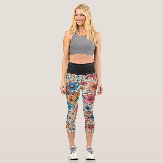 Elegant graceful Red blue yellow floral pattern Capri Leggings (Front)