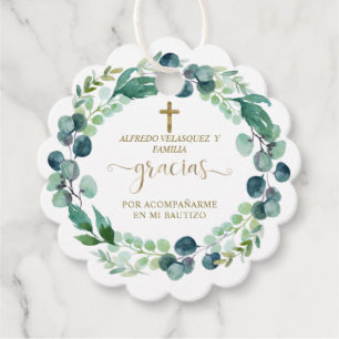 Elegant Gracias Script Greenery Gold Cross Bautizo Favour Tags