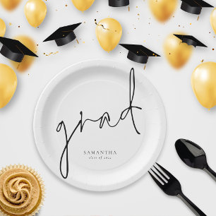 Elegant Grad Black Script Name Graduation Paper Plate