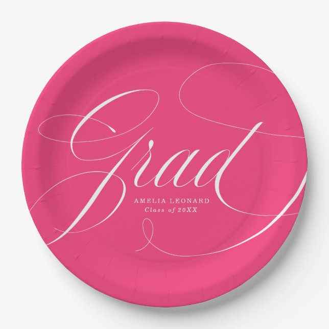 Elegant Grad Calligraphy Hot Pink Graduation Paper Plate (Front)
