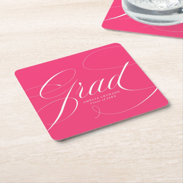 Elegant Grad Calligraphy Hot Pink Graduation Square Paper Coaster (Angled)