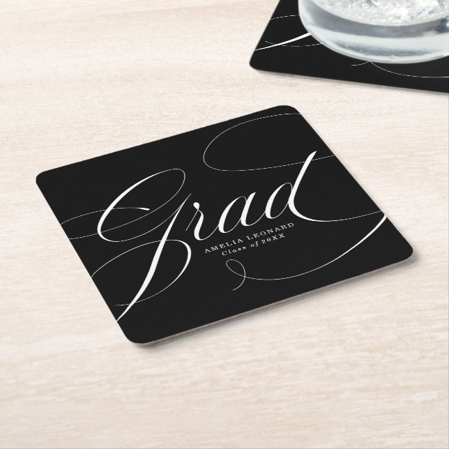 Elegant Grad Calligraphy Script Black Graduation Square Paper Coaster (Angled)