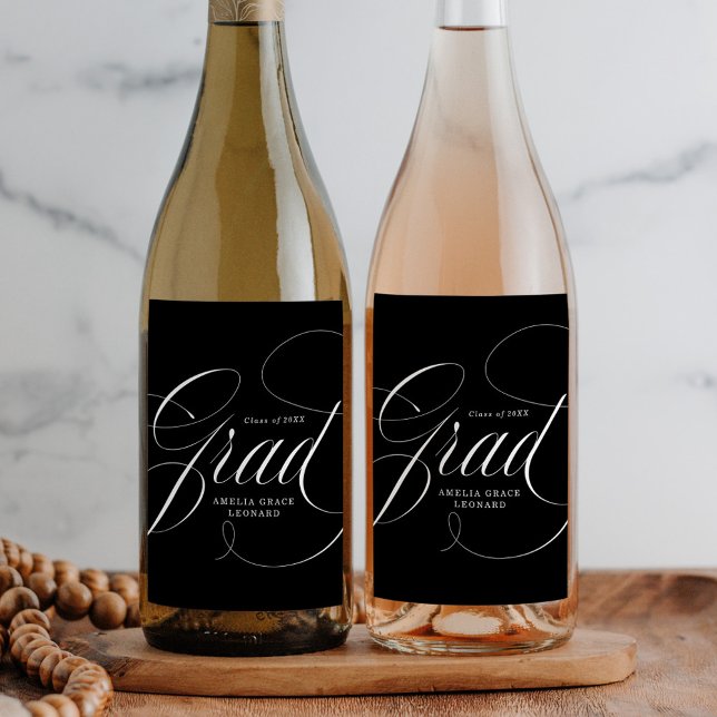 Elegant Grad Calligraphy Script Black Graduation Wine Label (Creator Uploaded)